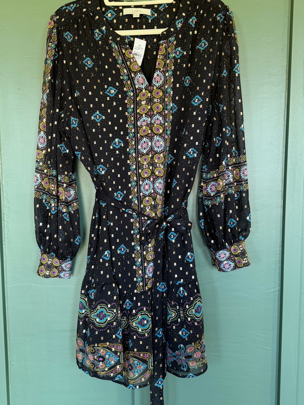 New with Tag LOFT Black Floral-Print Tie-Waist Mini Dress Size XL
